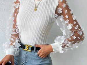 Roselina Mesh Small Flower Chiffon Shirt Summer Round Neck Long Sleeve Top