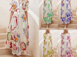 Roselina Print Dresses For Women Summer V-neck Button Short Sleeve Dress