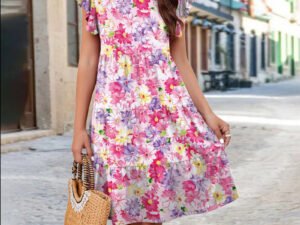 Roselina Ruffle Sleeve Dress Summer Loose Flower Print Beach Dresses Sweet Skirt Women